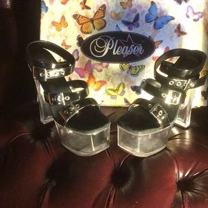 6.5”acrylic heels with shiny black straps